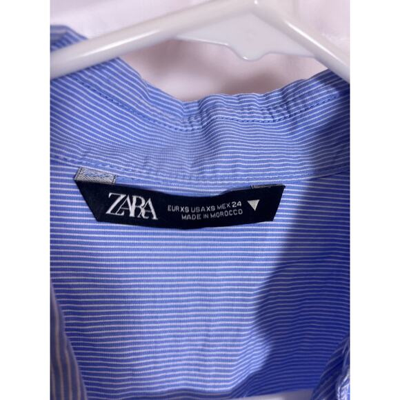 ZARA Cropped Collared Top Women’s XS Light Blue Button Front Shirt Striped Style - Picture 2 of 4